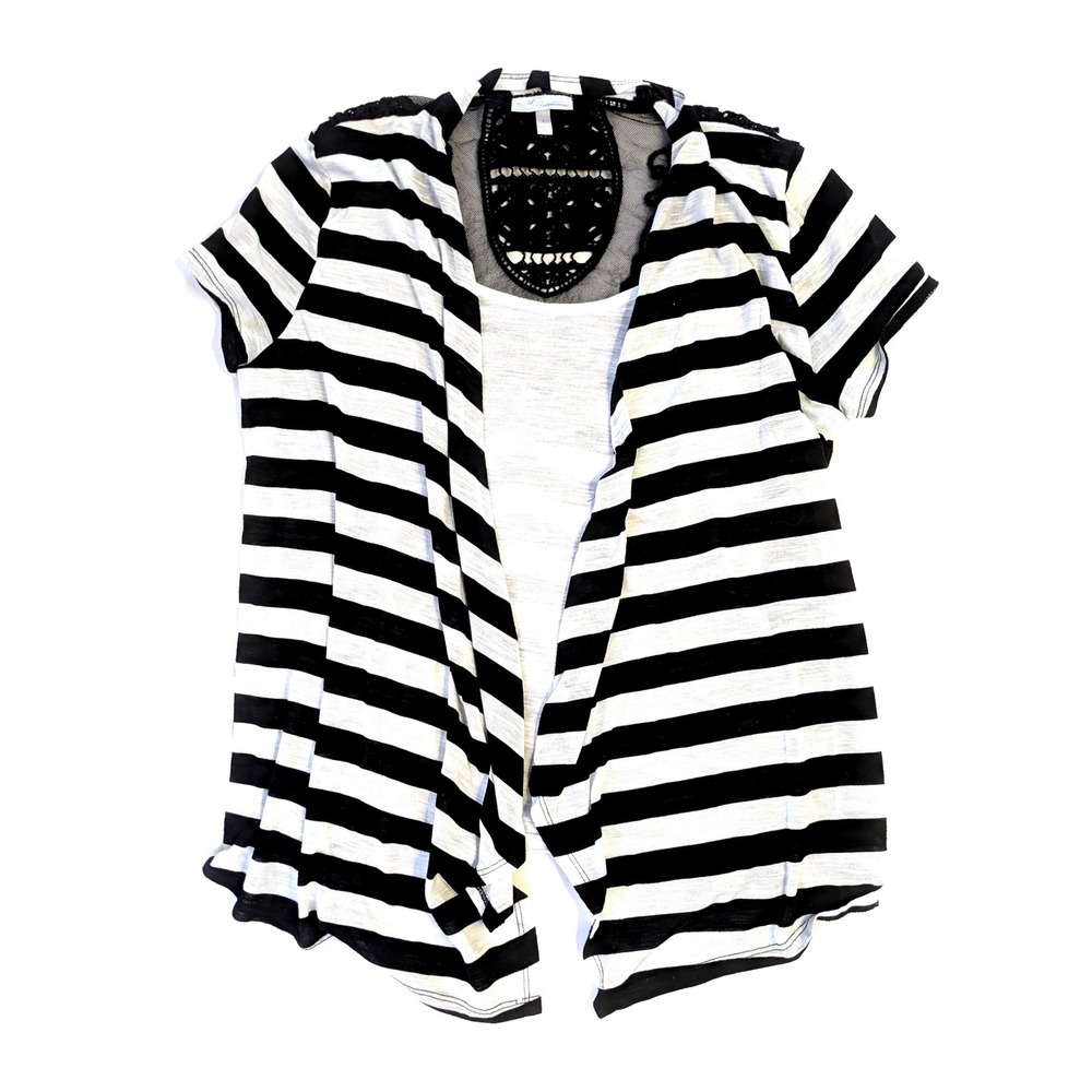 Allison Brittney Womens Black White Striped Open Front Cardigan Crochet Lace